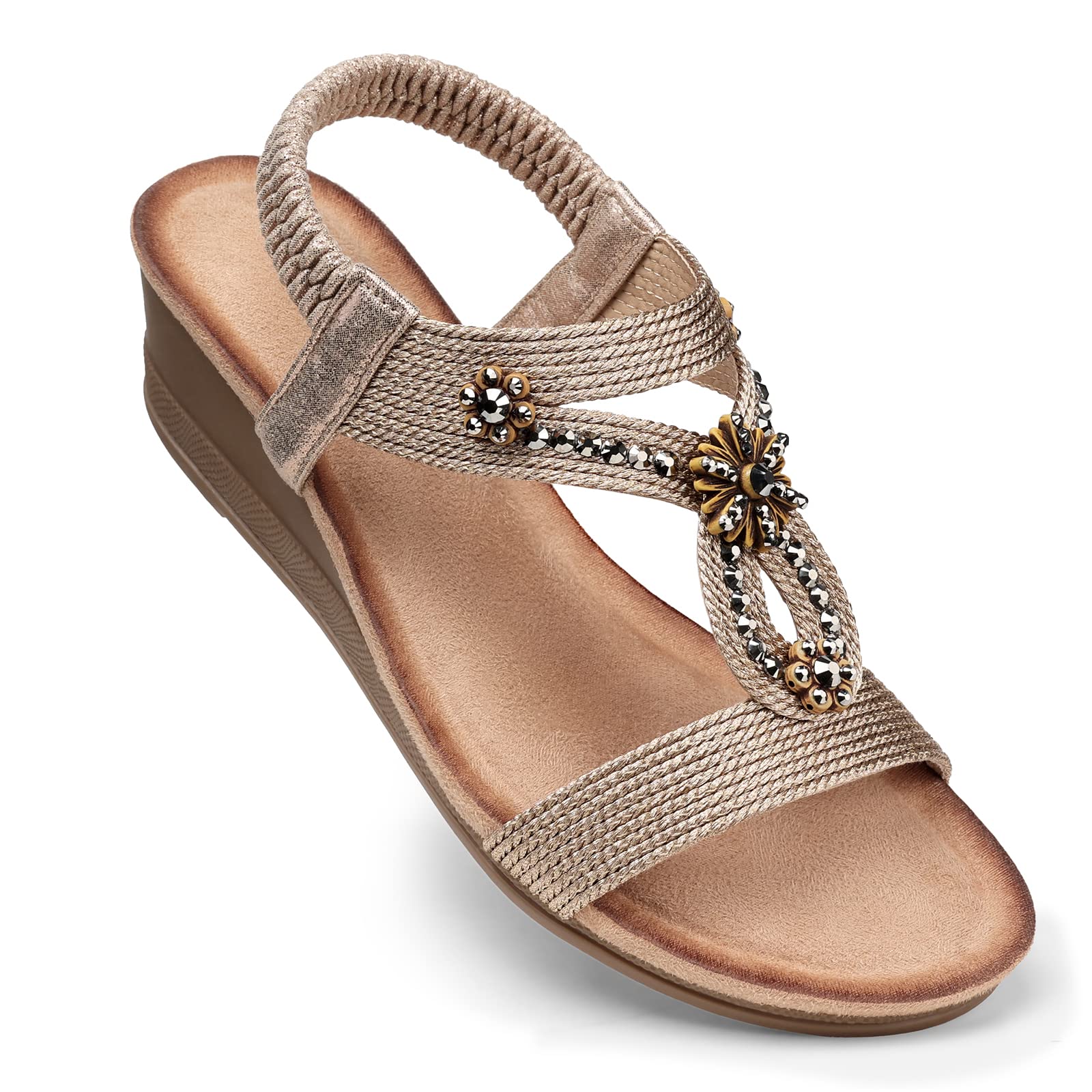  Women's Comfortable Wedge Sandals - Floral Low Heel Dressy Elastic Ankle Strap Rhinestone Shoes
| Comfortable Floral We